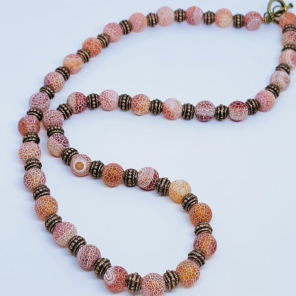 Crackled Pink Beads with Brass Necklace  Handmade‎